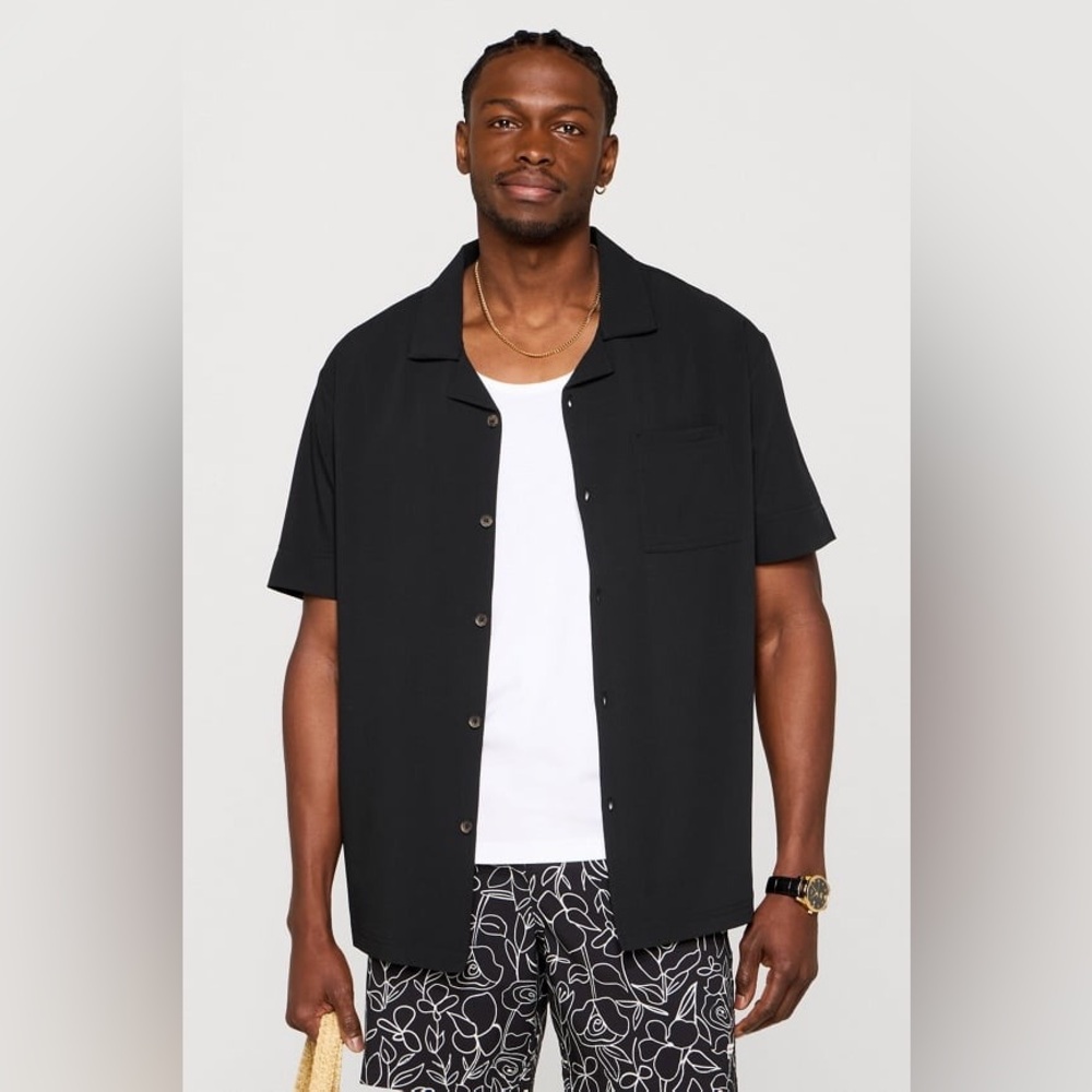 Fabletics men 2XL XXL black solid Cabana camp collar performance button up shirt